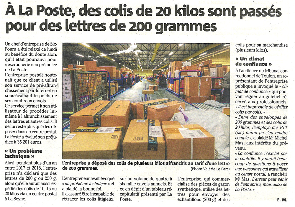 A la poste des colis de 20kg sont passés pour les lettres de 200 grammes