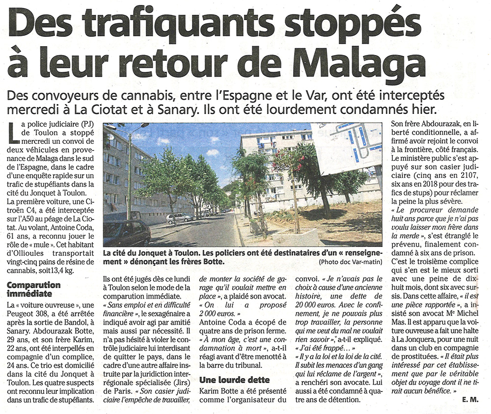 Des trafiquants stoppés à leur retour de Malaga